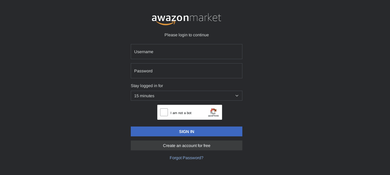 Awazon login on a charcoal page, with a 15-minute session and hCaptcha