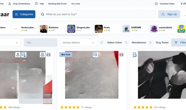 Bazaar Market interface showing featured sellers ribbon, Drug Tested filter, and light e-commerce layout