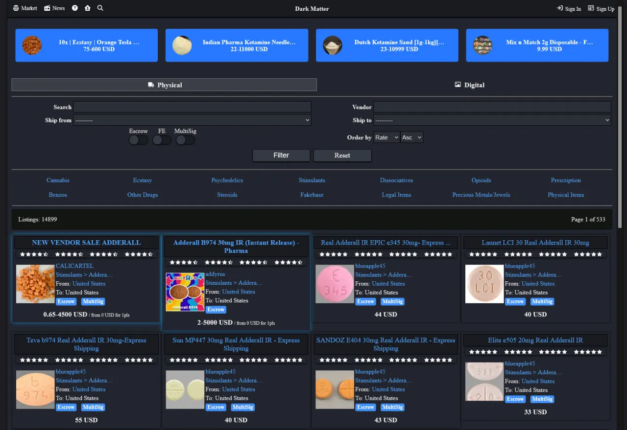 Dark Matter Market darknet interface showing vendor listings and categories