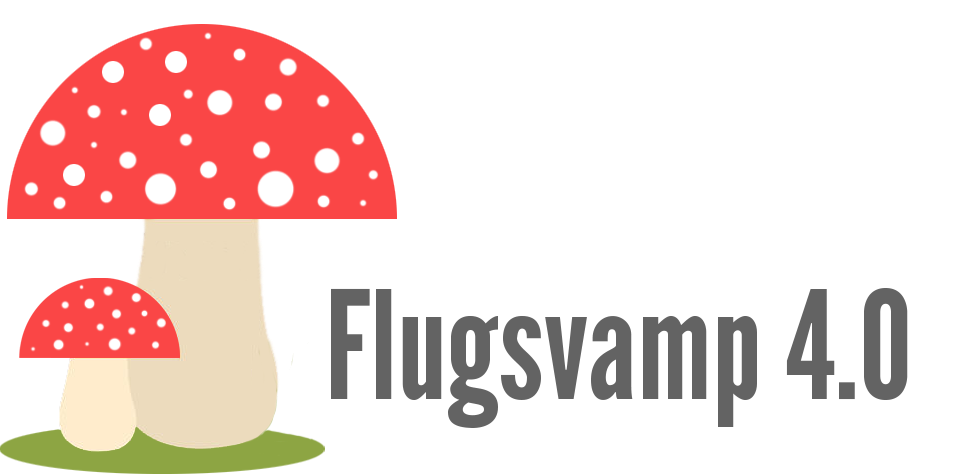 Flugsvamp 4.0 logo, two red mushrooms and grey lettering on black