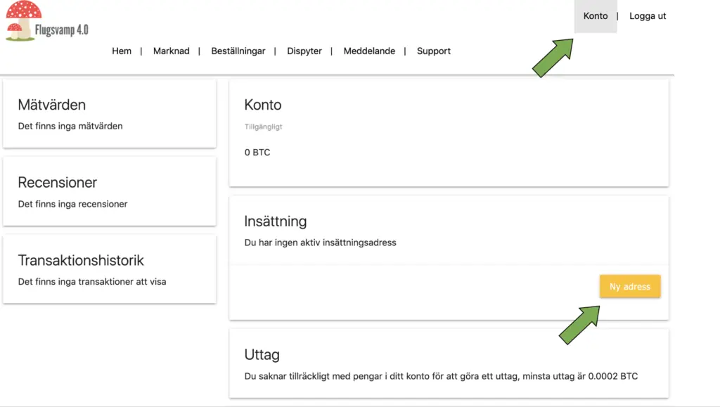 Empty Flugsvamp account page in Swedish, balance 0 BTC, yellow Ny adress button