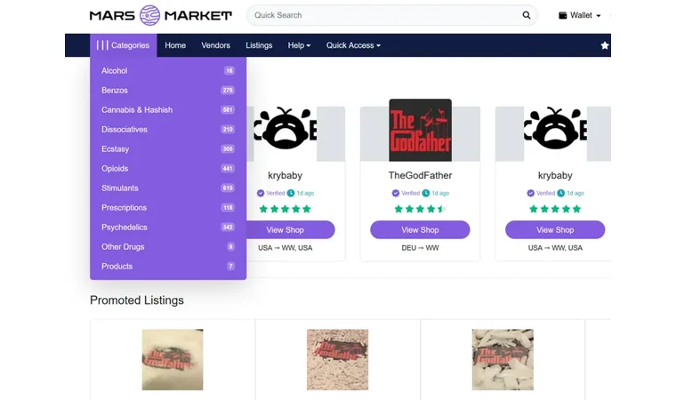 Mars Market homepage with purple category sidebar, verified vendor cards, and promoted listings section