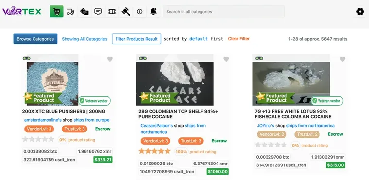 Vortex Market white interior showing product cards with BTC, XMR, and USDT_TRON prices and Veteran vendor badges