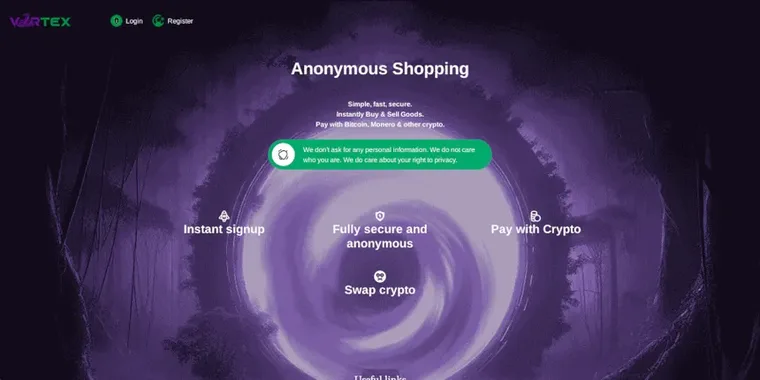 Vortex Market dark landing page with purple vortex portal, Anonymous Shopping headline, and green privacy banner